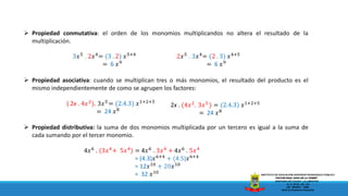 ➢ Propiedad conmutativa: el orden de los monomios multiplicandos no altera el resultado de la
multiplicación.
➢ Propiedad asociativa: cuando se multiplican tres o más monomios, el resultado del producto es el
mismo independientemente de como se agrupen los factores:
➢ Propiedad distributiva: la suma de dos monomios multiplicada por un tercero es igual a la suma de
cada sumando por el tercer monomio.
3𝑥5
. 2𝑥4
= (3 . 2) 𝑥5+4
= 6 𝑥9
2𝑥5
. 3𝑥4
= (2 . 3) 𝑥4+5
= 6 𝑥9
( 2x . 4𝑥2). 3𝑥5 = (2.4.3) 𝑥1+2+5
= 24 𝑥8
2x . (4𝑥2
. 3𝑥5
) = (2.4.3) 𝑥1+2+5
= 24 𝑥8
4𝑥6
. (3𝑥4
+ 5𝑥4
) = 4𝑥6
. 3𝑥4
+ 4𝑥6
. 5𝑥4
= (4.3)𝑥6+4 + (4.5)𝑥6+4
= 12𝑥10
+ 20𝑥10
= 32 𝑥10
 