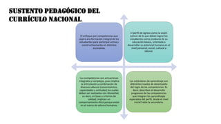 SUSTENTO PEDAGÓGICO DEL
CURRÍCULO NACIONAL
El enfoque por competencias que
aspira a la formación integral de los
estudiantes para participar activa y
constructivamente en distintos
escenarios.
El perfil de egreso como la visión
común de lo que deben lograr los
estudiantes como producto de su
educación básica, orientada a
desarrollar su potencial humano en el
nivel personal, social, cultural y
laboral.
Las competencias son actuaciones
integrales y complejas, pues implica
la articulación y combinación de
diversos saberes (conocimientos,
capacidades y actitudes) las cuales
deben ser realizados con idoneidad,
es decir, en base a criterios de
calidad; implican un
comportamiento ético porque están
en el marco de valores humanos.
Los estándares de aprendizaje son
diferentes niveles de desempeño
del logro de las competencias. Es
decir, describen el desarrollo
progresivo de las competencias
que integran los aprendizajes
esperados del perfil, desde el nivel
inicial hasta la secundaria.
 