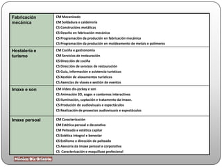 Fabricación
mecánica
CM Mecanizado
CM Soldadura e caldeirería
CS Construcións metálicas
CS Deseño en fabricación mecánica
CS Programación da produción en fabricación mecánica
CS Programación da produción en moldeamento de metais e polímeros
Hostalería e
turismo
CM Cociña e gastronomía
CM Servicios de restauración
CS Dirección de cociña
CS Dirección de servizos de restauración
CS Guía, información e asistencia turísticas
CS Xestión de aloxamentos turísticos
CS Axencias de viaxes e xestión de eventos
Imaxe e son CM Vídeo dis-jockey e son
CS Animación 3D, xogos e contornos interactivos
CS Iluminación, captación e tratamento da imaxe.
CS Produción de audiovisuais e espectáculos
CS Realización de proxectos audiovisuais e espectáculos
Imaxe persoal CM Caracterización
CM Estética persoal e decorativa
CM Peiteado e estética capilar
CS Estética integral e benestar
CS Estilismo e dirección de peiteado
CS Asesoría da imaxe persoal e corporativa
CS Caracterización e maquillaxe profesional
 