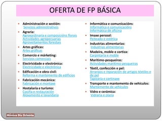OFERTA DE FP BÁSICA
 Administración e xestión:
Servizos administrativos
 Agraria:
Agroxardinaría e composicións florais
Actividades agropecuarias
Aproveitamentos forestais
 Artes gráficas:
Artes gráficas
 Comercio e márketing:
Servizos comerciais
 Electricidade e electrónica:
Electricidade e electrónica
 Edificación e obra civil:
Reforma e mantemento de edificios
 Fabricación mecánica:
Fabricación e montaxe
 Hostalaría e turismo:
Cociña e restauración
Aloxamento e lavandaría
 Informática e comunicacións:
Informática e comunicacións
Informática de oficina
 Imaxe persoal:
Peiteado e estética
 Industrias alimentarias:
Industrias alimentarias
 Madeira, moble e cortiza:
Carpintaría e moble
 Marítimo-pesqueiras:
Actividades marítimo-pesqueiras
 Téxtil, confección e pel:
Arranxos e reparación de artigos téxtiles e
de pel
Tapizaría e cortinaxe
 Transporte e mantemento de vehículos:
Mantemento de vehículos
 Vidro e cerámica:
Vidraría e olaría
 