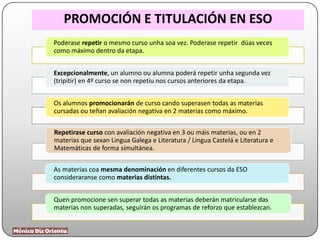 PROMOCIÓN E TITULACIÓN EN ESO
Poderase repetir o mesmo curso unha soa vez. Poderase repetir dúas veces
como máximo dentro da etapa.
Excepcionalmente, un alumno ou alumna poderá repetir unha segunda vez
(tripitir) en 4º curso se non repetiu nos cursos anteriores da etapa.
Os alumnos promocionarán de curso cando superasen todas as materias
cursadas ou teñan avaliación negativa en 2 materias como máximo.
Repetirase curso con avaliación negativa en 3 ou máis materias, ou en 2
materias que sexan Lingua Galega e Literatura / Lingua Castelá e Literatura e
Matemáticas de forma simultánea.
As materias coa mesma denominación en diferentes cursos da ESO
consideraranse como materias distintas.
Quen promocione sen superar todas as materias deberán matricularse das
materias non superadas, seguirán os programas de reforzo que establezcan.
 