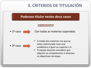 3. CRITERIOS DE TITULACIÓN
• 1º caso Con todas as materias superadas.
• 2º caso
Poderase titular nestes dous casos
 A media das materias nas que se
estea matriculado nese ano
académico é igual ou superior a 5.
 O equipo docente considera que
adquiriu as competencias e alcanzou
os obxectivos da etapa.
 