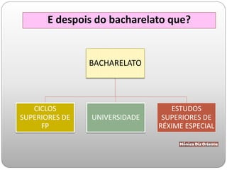 E despois do bacharelato que?
BACHARELATO
CICLOS
SUPERIORES DE
FP
UNIVERSIDADE
ESTUDOS
SUPERIORES DE
RÉXIME ESPECIAL
 