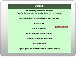 ARTES
Estudos superiores de deseño:
Deseño de produtos, de moda, de interiores, gráfico.
Conservación e restauración de bens culturais.
Belas Artes.
Historia da Arte.
Estudos superiores de Música.
Estudos superiores de Danza.
Arte dramática.
Algúns graos de humanidades e ciencias sociais.
 