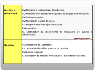 Marítimo-
pesqueiras
CM Operacións subacuáticas e hiperbáricas.
CM Mantemento e control de maquinaria de buques e embarcacións.
CM Cultivos acuícolas.
CM Navegación e pesca de litoral.
CS Transporte marítimo e pesca de altura.
CS Acuicultura.
CS Organización do mantemento de maquinaria de buques e
embarcacións.
Química CM Operacións de Laboratorio
CS Laboratorio de análise e control de calidade
CS Química industrial
CS Fabricación de produtos farmacéuticos, biotecnolóxicos e afíns.
 