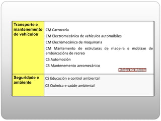 Transporte e
mantenemento
de vehículos
CM Carrozaría
CM Electromecánica de vehículos automóbiles
CM Elecromecánica de maquinaria
CM Mantemento de estruturas de madeira e moblaxe de
embarcacións de recreo
CS Automoción
CS Mantenemento aeromecánico
Seguridade e
ambiente
CS Educación e control ambiental
CS Química e saúde ambiental
 