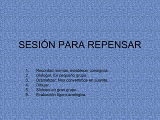 SESIÓN PARA REPENSAR
1. Recordad normas, establecer consignas.
2. Dialogar. En pequeño grupo.
3. Dramatizar: Nos convertimos en Juanita.
4. Dibujar.
5. Síntesis en gran grupo.
6. Evaluación figuro-analógica.
 