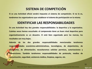 Federico Galvis Tarquino. Magister en Administración de Empresas con Especialidad en Gestión Integrada de la Calidad Seguridad y Medio Ambiente.
12
ESTRATEGIAS
Son los caminos, las soluciones posibles para conseguir la misión y los
objetivos generales. Son las acciones que tenemos que realizar para
conseguir un buen resultado, una buena organización de la actividad.
NÚMERO DE PARTICIPANTES
Este es un dato fundamental que tenemos que conocer para la reserva de
alojamientos, transportes, etc. Debemos saber si son de distintos países,
comunidades autónomas, provincias, municipios, clubes, federaciones, etc.
Siempre debemos tener en cuenta, además de los deportistas, a los jueces
y árbitros, técnicos, preparadores, asistentes técnicos, directivos,
acompañantes, conductores, etc.
 