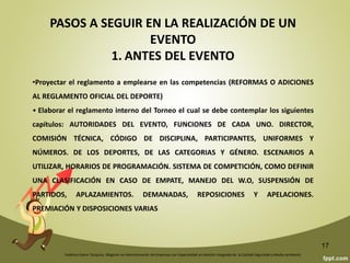 Federico Galvis Tarquino. Magister en Administración de Empresas con Especialidad en Gestión Integrada de la Calidad Seguridad y Medio Ambiente.
17
ESTABLECER LOS RECURSOS HUMANOS Y
MATERIALES
Los Recursos Humanos que participan en la organización de una Actividad deportiva suelen
ser:
Director/ a Coordinador/ a Profesores
Monitores Voluntarios Médicos
Azafatas Policías, Defensa Civil, Bomberos Auxiliares
Administrativos Técnicos Jueces
Implementación deportiva Infraestructura Deportiva
 