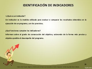 Federico Galvis Tarquino. Magister en Administración de Empresas con Especialidad en Gestión Integrada de la Calidad Seguridad y Medio Ambiente.
26
•¿Qué es un indicador?
Un indicador es la medida utilizada para evaluar o comparar los resultados obtenidos en la
ejecución de un programa, con los previstos.
¿Qué funciones cumplen los indicadores?
Informan sobre el grado de consecución del objetivo, valorando de la forma más precisa y
objetiva posible el desempeño del programa.
IDENTIFICACIÓN DE INDICADORES
 