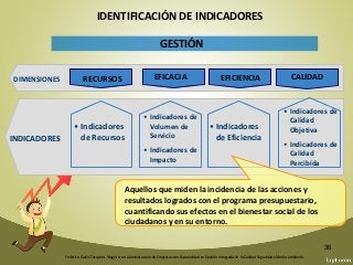 Federico Galvis Tarquino. Magister en Administración de Empresas con Especialidad en Gestión Integrada de la Calidad Seguridad y Medio Ambiente.
36
EFICACIA
GESTIÓN
• Indicadores
de Recursos
• Indicadores de
Volumen de
Servicio
• Indicadores de
Impacto
• Indicadores
de Eficiencia
• Indicadores de
Calidad
Objetiva
• Indicadores de
Calidad
Percibida
DIMENSIONES
INDICADORES
RECURSOS CALIDAD
IDENTIFICACIÓN DE INDICADORES
EFICACIA EFICIENCIA
Aquellos que miden la incidencia de las acciones y
resultados logrados con el programa presupuestario,
cuantificando sus efectos en el bienestar social de los
ciudadanos y en su entorno.
 