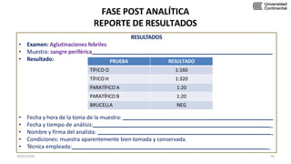 FASE POST ANALÍTICA
REPORTE DE RESULTADOS
RESULTADOS
• Examen: Aglutinaciones febriles
• Muestra: sangre periférica
• Resultado:
• Fecha y hora de la toma de la muestra:
• Fecha y tiempo de análisis: _
• Nombre y firma del analista: _
• Condiciones: muestra aparentemente bien tomada y conservada.
• Técnica empleada: _
PRUEBA RESULTADO
TÍFICO O 1:160
TÍFICO H 1:320
PARATÍFICO A 1:20
PARATÍFICO B 1:20
BRUCELLA NEG
30/05/2020 46
 