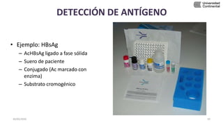 DETECCIÓN DE ANTÍGENO
• Ejemplo: HBsAg
– AcHBsAg ligado a fase sólida
– Suero de paciente
– Conjugado (Ac marcado con
enzima)
– Substrato cromogénico
30/05/2020 59
 