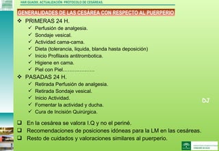 DJ
GENERALIDADES DE LAS CESÁREA CON RESPECTO AL PUERPERIO
HAR GUADIX. ACTUALIZACIÓN PROTOCOLO DE CESÁREAS.
 PRIMERAS 24 H.
 Perfusión de analgesia.
 Sondaje vesical.
 Actividad cama-cama.
 Dieta (tolerancia, liquida, blanda hasta deposición)
 Inicio Profilaxis antitrombotica.
 Higiene en cama.
 Piel con Piel……………….
 PASADAS 24 H.
 Retirada Perfusión de analgesia.
 Retirada Sondaje vesical.
 Inicio Actividad.
 Fomentar la actividad y ducha.
 Cura de Incisión Quirúrgica.
 En la cesárea se valora I.Q y no el periné.
 Recomendaciones de posiciones idóneas para la LM en las cesáreas.
 Resto de cuidados y valoraciones similares al puerperio.
 