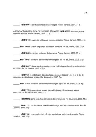 278




______. NBR 10004: resíduos sólidos: classificação. Rio de Janeiro, 2004. 71 p.


ASSOCIAÇÃO BRASILEIRA DE NORMAS TÉCNICAS. NBR 10007: amostragem de
resíduos sólidos. Rio de Janeiro, 2004. 21 p.


______. NBR 10152: níveis de ruído para conforto acústico. Rio de Janeiro, 1987. 4 p.


______. NBR 10622: luva de segurança isolante de borracha. Rio de Janeiro, 1989. 31 p.


______. NBR 10623: mangas isolantes de borracha. Rio de Janeiro, 1989. 35 p.


______. NBR 10721: extintores de incêndio com carga de pó. Rio de Janeiro, 2006. 27 p.


______. NBR 10897: sistemas de proteção contra incêndio por chuveiros automáticos:
requisito. Rio de Janeiro, 2007. 108 p.


______. NBR 11564: embalagem de produtos perigosos: classes 1, 3, 4, 5, 6, 8 e 9:
requisitos e métodos de ensaio. Rio de Janeiro, 2007. 7 p.


______. NBR 11715: extintores de incêndio com carga d’água. Rio de Janeiro, 2006. 1 p.


______. NBR 11725: conexões e roscas para válvulas de cilindros para gases
comprimidos. Rio de Janeiro, 2003. 2 p.


______. NBR 11742: porta corta-fogo para saída de emergência. Rio de Janeiro, 2003. 18 p.


______. NBR 11751: extintores de incêndio com carga para espuma mecânica. Rio de
Janeiro, 2006. 17 p.


______. NBR 11861: mangueira de incêndio: requisitos e métodos de ensaio. Rio de
Janeiro, 1998. 16 p.
 