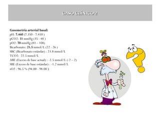 CASO CLÍNICO 2
Gasometría arterial basal:
pH: 7.460 (7.350 - 7.450 )
pCO2: 31 mmHg (35 - 48 )
pO2: 70 mmHg (83 – 108)
Bicarbonato: 21.5 mmol/L (22 - 26 )
SBC (Bicarbonato estándar) : 23.8 mmol/L
TCO2: 22.5 mmol/L
ABE (Exceso de base actual) : -2.5 mmol/L (-2 – 2)
SBE (Exceso de base estándar) : -1.2 mmol/L
sO2 : 96.5 % (94.00 - 98.00 )

 