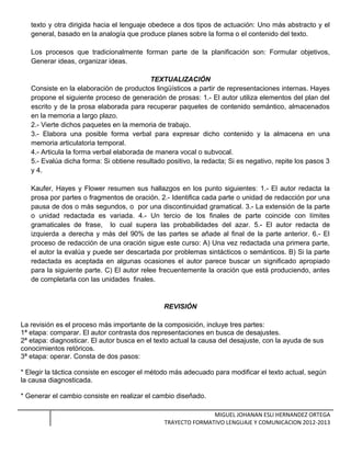texto y otra dirigida hacia el lenguaje obedece a dos tipos de actuación: Uno más abstracto y el
general, basado en la analogía que produce planes sobre la forma o el contenido del texto.
Los procesos que tradicionalmente forman parte de la planificación son: Formular objetivos,
Generar ideas, organizar ideas.
TEXTUALIZACIÓN
Consiste en la elaboración de productos lingüísticos a partir de representaciones internas. Hayes
propone el siguiente proceso de generación de prosas: 1.- El autor utiliza elementos del plan del
escrito y de la prosa elaborada para recuperar paquetes de contenido semántico, almacenados
en la memoria a largo plazo.
2.- Vierte dichos paquetes en la memoria de trabajo.
3.- Elabora una posible forma verbal para expresar dicho contenido y la almacena en una
memoria articulatoria temporal.
4.- Articula la forma verbal elaborada de manera vocal o subvocal.
5.- Evalúa dicha forma: Si obtiene resultado positivo, la redacta; Si es negativo, repite los pasos 3
y 4.
Kaufer, Hayes y Flower resumen sus hallazgos en los punto siguientes: 1.- El autor redacta la
prosa por partes o fragmentos de oración. 2.- Identifica cada parte o unidad de redacción por una
pausa de dos o más segundos, o por una discontinuidad gramatical. 3.- La extensión de la parte
o unidad redactada es variada. 4.- Un tercio de los finales de parte coincide con límites
gramaticales de frase, lo cual supera las probabilidades del azar. 5.- El autor redacta de
izquierda a derecha y más del 90% de las partes se añade al final de la parte anterior. 6.- El
proceso de redacción de una oración sigue este curso: A) Una vez redactada una primera parte,
el autor la evalúa y puede ser descartada por problemas sintácticos o semánticos. B) Si la parte
redactada es aceptada en algunas ocasiones el autor parece buscar un significado apropiado
para la siguiente parte. C) El autor relee frecuentemente la oración que está produciendo, antes
de completarla con las unidades finales.
REVISIÓN
La revisión es el proceso más importante de la composición, incluye tres partes:
1ª etapa: comparar. El autor contrasta dos representaciones en busca de desajustes.
2ª etapa: diagnosticar. El autor busca en el texto actual la causa del desajuste, con la ayuda de sus
conocimientos retóricos.
3ª etapa: operar. Consta de dos pasos:
* Elegir la táctica consiste en escoger el método más adecuado para modificar el texto actual, según
la causa diagnosticada.
* Generar el cambio consiste en realizar el cambio diseñado.
MIGUEL JOHANAN ESLI HERNANDEZ ORTEGA
TRAYECTO FORMATIVO LENGUAJE Y COMUNICACION 2012-2013
 