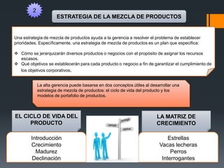 2
ESTRATEGIA DE LA MEZCLA DE PRODUCTOS
Una estrategia de mezcla de productos ayuda a la gerencia a resolver el problema de establecer
prioridades. Específicamente, una estrategia de mezcla de productos es un plan que especifica:
 Cómo se jerarquizarán diversos productos o negocios con el propósito de asignar los recursos
escasos.
 Qué objetivos se establecerán para cada producto o negocio a fin de garantizar el cumplimiento de
los objetivos corporativos.
EL CICLO DE VIDA DEL
PRODUCTO
LA MATRIZ DE
CRECIMIENTO
Introducción
Crecimiento
Madurez
Declinación
Estrellas
Vacas lecheras
Perros
Interrogantes
La alta gerencia puede basarse en dos conceptos útiles al desarrollar una
estrategia de mezcla de productos: el ciclo de vida del producto y los
modelos de portafolio de productos.
 