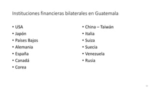 Instituciones financieras bilaterales en Guatemala
• USA
• Japón
• Países Bajos
• Alemania
• España
• Canadá
• Corea
• China – Taiwán
• Italia
• Suiza
• Suecia
• Venezuela
• Rusia
20
 