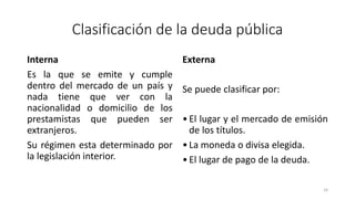 Clasificación de la deuda pública
Interna
Es la que se emite y cumple
dentro del mercado de un país y
nada tiene que ver con la
nacionalidad o domicilio de los
prestamistas que pueden ser
extranjeros.
Su régimen esta determinado por
la legislación interior.
Externa
Se puede clasificar por:
•El lugar y el mercado de emisión
de los títulos.
•La moneda o divisa elegida.
•El lugar de pago de la deuda.
24
 