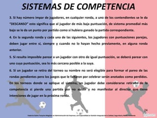 3. Si hay número impar de jugadores, en cualquier ronda, a uno de los contendientes se le da
“DESCANSO” esto significa que al jugador de más baja puntuación, de sistema promedial más
bajo se le da un punto por partido como si hubiera ganado la partida correspondiente.
4. En la segunda ronda y cada una de las siguientes, los jugadores con puntuaciones parejas,
deben jugar entre sí, siempre y cuando no lo hayan hecho previamente, en alguna ronda
anterior.
5. Sí resulta imposible parear a un jugador con otro de igual puntuación, se deberá parear con
uno cuya puntuación, sea lo más cercana posible a la suya.
6. Sí un jugador se retira del torneo su nombre no será elegible para formar el pareo de las
rondas pendientes pero los juegos que le faltaron por celebrar serán anotados como perdidos.
En los torneos donde se aplique el sistema, un jugador debe considerarse retirado de la
competencia si pierde una partida por no asistir y no manifestar al director que tiene
intenciones de jugar en la próxima ronda.
Federico Galvis Tarquino Magister en Administración de Empresas, con Especialidad en Gestión Integrada de la Calidad, Seguridad y Medio Ambiente
24
SISTEMAS DE COMPETENCIA
 