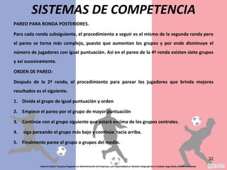 PAREO PARA RONDA POSTERIORES.
Para cada ronda subsiguiente, el procedimiento a seguir es el mismo de la segunda ronda pero
el pareo se torna más complejo, puesto que aumentan los grupos y por ende disminuye el
número de jugadores con igual puntuación. Así en el pareo de la 4ª ronda existen siete grupos
y así sucesivamente.
ORDEN DE PAREO:
Después de la 2ª ronda, el procedimiento para parear los jugadores que brinda mejores
resultados es el siguiente.
1. Divida el grupo de igual puntuación y orden
2. Empiece el pareo por el grupo de mayor puntuación
3. Continúe con el grupo siguiente que estará encima de los grupos centrales.
4. siga pareando el grupo más bajo y continúe hacia arriba.
5. Finalmente paree el grupo o grupos del medio.
Federico Galvis Tarquino Magister en Administración de Empresas, con Especialidad en Gestión Integrada de la Calidad, Seguridad y Medio Ambiente
32
SISTEMAS DE COMPETENCIA
 