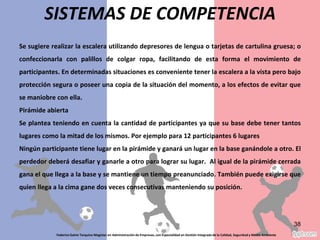 Federico Galvis Tarquino Magister en Administración de Empresas, con Especialidad en Gestión Integrada de la Calidad, Seguridad y Medio Ambiente
38
SISTEMAS DE COMPETENCIA
Los desafíos se realizan dentro de cada pirámide y al mismo nivel entre pirámides. El
objetivo es llegar a la cima de la pirámide que se encuentra por encima de todas y
mantenerse en ella. Final cruzada Este sistema es un complemento para cualquier otro
de los estudios, cuando se desea hacer visible para todo el mundo la final del certamen.
Consiste en tomar los cuatro mejores competidores de todo el torneo y por medio de
sorteo o previo acuerdo, enfrentarlos en dos instancias, en la primera juegan y salen
ganadores y perdedores (no se permiten empates) y en la segunda se enfrentan entre sí
los de la misma condición o sea ganadores juegan por campeón y sub-campeón y los
perdedores por tercer y cuarto puesto.
 