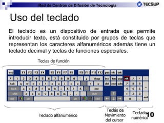 Uso del teclado El teclado es un dispositivo de entrada que permite introducir texto,  está constituido por grupos de teclas que representan los caracteres alfanuméricos además tiene un teclado decimal y teclas de funciones especiales. Teclado numérico Teclado alfanumérico Teclas de función Teclas de Movimiento del cursor  