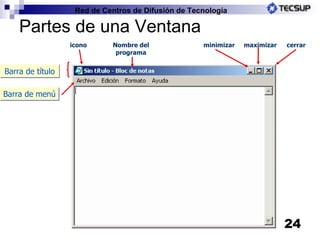 Partes de una Ventana Barra de título Barra de menú icono Nombre del programa minimizar maximizar cerrar 