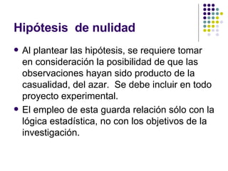 Al plantear las hipótesis, se requiere tomar en consideración la posibilidad de que las observaciones hayan sido producto de la casualidad, del azar.  Se debe incluir en todo proyecto experimental. El empleo de esta guarda relación sólo con la lógica estadística, no con los objetivos de la investigación.  Hipótesis  de nulidad 