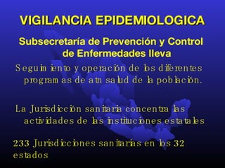 VIGILANCIA EPIDEMIOLOGICA Subsecretaría de Prevención y Control  de Enfermedades lleva Seguimiento y operación de los diferentes programas de atn salud de la población. La Jurisdicción sanitaria concentra las actividades de las instituciones estatales 233 Jurisdicciones sanitarias en los 32 estados   