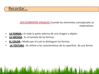 Recordar…


            LOS ELEMENTOS VISUALES: Cuando los elementos conceptuales se
                                                            materializan.

• LA FORMA.- Es toda la parte externa de una imagen u objeto
• LA MEDIDA Es el tamaño de las formas.
• EL COLOR.- Medio por el cual se distinguen las formas.
• LA TEXTURA.- Se refiere a las características de la superficie de una forma
 