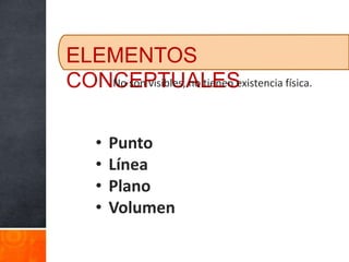 ELEMENTOS
CONCEPTUALESexistencia física.
   No son visibles, no tienen




   •   Punto
   •   Línea
   •   Plano
   •   Volumen
 