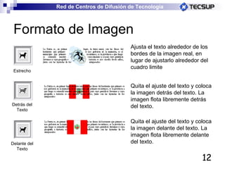 Formato de Imagen Detrás del Texto Delante del Texto Estrecho Ajusta el texto alrededor de los bordes de la imagen real, en lugar de ajustarlo alrededor del cuadro limite Quita el ajuste del texto y coloca la imagen detrás del texto. La imagen flota libremente detrás del texto. Quita el ajuste del texto y coloca la imagen delante del texto. La imagen flota libremente delante del texto. 