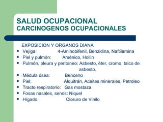 SALUD OCUPACIONAL CARCINOGENOS OCUPACIONALES EXPOSICION Y ORGANOS DIANA Vejiga:  4-Aminobifenil, Benzidina, Naftilamina Piel y pulmón:  Arsénico, Hollin Pulmón, pleura y peritoneo: Asbesto, éter, cromo, talco de  asbesto. Médula ósea:  Benceno Piel:  Alquitrán, Aceites minerales, Petroleo Tracto respiratorio:  Gas mostaza Fosas nasales, senos: Niquel Hígado:  Cloruro de Vinilo 