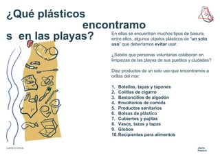 ¿Qué plásticos
encontramo
s en las playas? En ellas se encuentran muchos tipos de basura,
entre ellos, algunos objetos plásticos de "un solo
uso" que deberíamos evitar usar.
¿Sabéis que personas voluntarias colaboran en
limpiezas de las playas de sus pueblos y ciudades?
Diez productos de un solo uso que encontramos a
orillas del mar:
1. Botellas, tapas y tapones
2. Colillas de cigarro
3. Bastoncillos de algodón
4. Envoltorios de comida
5. Productos sanitarios
6. Bolsas de plástico
7. Cubiertos y pajitas
8. Vasos, tazas y tapas
9. Globos
10.Recipientes para alimentos
Cuenta la Ciencia. ¡Alerta
Plástico!
 