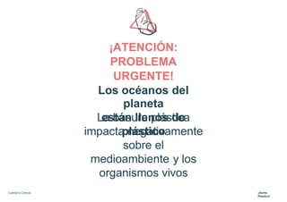 Cuenta la Ciencia. ¡Alerta
Plástico!
¡ATENCIÓN:
PROBLEMA
URGENTE!
Los océanos del
planeta
están llenos de
plástico
La basura plástica
impacta negativamente
sobre el
medioambiente y los
organismos vivos
 