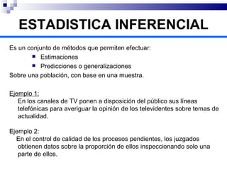 ESTADISTICA INFERENCIAL Es un conjunto de métodos que permiten efectuar: Estimaciones Predicciones o generalizaciones Sobre una población, con base en una muestra.  Ejemplo 1:   En los canales de TV ponen a disposición del público sus líneas telefónicas para averiguar la opinión de los televidentes sobre temas de actualidad.  Ejemplo 2: En el control de calidad de los procesos pendientes, los juzgados obtienen datos sobre la proporción de ellos inspeccionando solo una parte de ellos. 