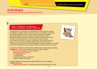 - 8 -- 8 -
Grupo 3. Alimentos con hidratos de
carbono, legumbres, cereales y tubérculos.
Las legumbres son un alimento muy interesante en nutrición ya que su aporte
en proteínas es elevado. Pueden aumentar su valor si se combinan con cereales,
por ejemplo, comiendo lentejas con arroz. Además, aportan una cantidad
importante de fibra, que es un elemento esencial para nuestra salud, y
abundantes hidratos de carbono. Además, contienen minerales (como hierro
o calcio) y vitaminas del grupo B. ¡Y tienen poco contenido en grasa!
Los cereales como el arroz o el trigo, y sus derivados, como la pasta, la harina,
el pan y el maíz, aportan una cantidad importante de hidratos de carbono.
El tubérculo más importante en nuestra alimentación es la patata. Aporta una cantidad
importante de hidratos de carbono, además de fibra, proteínas, vitamina C y hierro.
LUGAR EN LA PIRÁMIDE: ESCALÓN VERDE. PRIMER NIVEL (TOMAR TODOS LOS DÍAS).
• Grupo 3: pan, arroz, pasta, cereales de desayuno, galletas y patatas.
Consumo recomendado: 4-6 raciones diarias.
Cada ración puede equivaler a:
• 2 rebanadas de pan.
• 1 patata grande.
• 1 plato de macarrones o espaguetis.
• 30 g de cereales de desayuno.
ESCALÓN NARANJA. SEGUNDO NIVEL (TOMAR VARIAS VECES A LA SEMANA)
• Grupo 3: legumbres.
Consumo recomendado: 2-4 raciones semanales (un plato individual normal).
Actividades
Los grupos de alimentos y la pirámide nutricional
ENERGÍA PARA CRECER
PROGRAMA EDUCATIVO EN ALIMENTACIÓN Y HÁBITOS SALUDABLES
SESIÓN 2 LA PIRÁMIDE NUTRICIONAL Y LOS GRUPOS DE ALIMENTOS
 