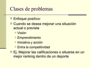 Clases de problemas Enfoque positivo: Cuando se desea mejorar una situación actual o prevista Visión Emprendimiento Iniciativa y acción Entra la competitividad Ej. Mejorar las calificaciones o situarse en un mejor ranking dentro de un deporte 