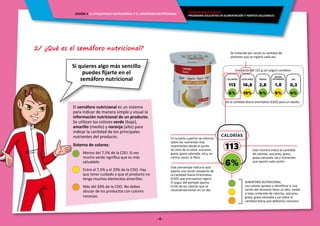 SESIÓN 4 EL ETIQUETADO NUTRICIONAL Y EL SEMÁFORO NUTRICIONAL
- 4 -
ENERGÍA PARA CRECER
PROGRAMA EDUCATIVO EN ALIMENTACIÓN Y HÁBITOS SALUDABLES
2/ ¿Qué es el semáforo nutricional?
Si quieres algo más sencillo
puedes fijarte en el
semáforo nutricional
El semáforo nutricional es un sistema
para indicar de manera simple y visual la
información nutricional de un producto.
Se utilizan los colores verde (bajo),
amarillo (medio) y naranja (alto) para
indicar la cantidad de los principales
nutrientes del producto.
Sistema de colores:
Menos del 7,5% de la CDO. Si ves
mucho verde significa que es más
saludable.
Entre el 7,5% y el 20% de la CDO. Hay
que tener cuidado y que el producto no
tenga muchos elementos amarillos.
Más del 20% de la CDO. No debes
abusar de los productos con colores
naranjas.
CALORÍAS
113
6%
AZÚCARES
16,8
19%
GRASA
2,8
4%
SAL
0,3
4%
GRASA
SATURADA
1,8
9%
Una ración de 125 g (un yogur) contiene
de la cantidad diaria orientativa (CDO) para un adulto.
CALORÍAS
113
6%
Se entiende por ración la cantidad de
alimento que se ingiere cada vez.
En la parte superior se informa
sobre los nutrientes más
importantes desde el punto
de vista de la salud: azúcares,
grasa, grasa saturada, sal y, en
ciertos casos, la fibra.
Este número indica la cantidad
de calorías, azúcares, grasa,
grasa saturada, sal y nutrientes
que aporta cada ración.
SEMÁFORO NUTRICIONAL
Los colores ayudan a identificar si una
ración del alimento tiene un alto, medio
o bajo contenido de calorías, azúcares,
grasa, grasa saturada y sal sobre la
cantidad diaria que debemos consumir.
Este porcentaje indica lo que
aporta una ración resspecto de
la Cantidad Diaria Orientativa
(CDO) que precisamos ingerir.
El yogur del ejemplo aporta
el 6% de las calorías que se
recomienda tomar en un día.
 