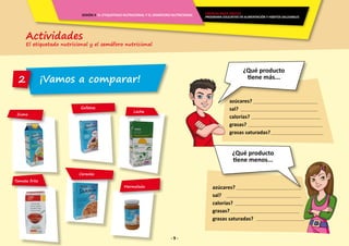Actividades
El etiquetado nutricional y el semáforo nutricional
SESIÓN 4 EL ETIQUETADO NUTRICIONAL Y EL SEMÁFORO NUTRICIONAL
- 9 -
ENERGÍA PARA CRECER
PROGRAMA EDUCATIVO EN ALIMENTACIÓN Y HÁBITOS SALUDABLES
¡Vamos a comparar!2
¿Qué producto
tiene más...
azúcares?
sal?
calorías?
grasas?
grasas saturadas?
azúcares?
sal?
calorías?
grasas?
grasas saturadas?
¿Qué producto
tiene menos...
Galletas
Mermelada
Zumo
Cereales
Leche
Tomate frito
 