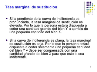 Tasa marginal de sustitución Si la pendiente de la curva de indiferencia es pronunciada, la tasa marginal de sustitución es elevada. Por lo que la persona estará dispuesta a ceder una cantidad grande del bien Y a cambio de una pequeña cantidad del bien X. Si la curva de indiferencia es plana, la tasa marginal de sustitución es baja. Por lo que la persona estará dispuesta a ceder solamente una pequeña cantidad del bien Y y debe ser compensada con una cantidad grande del bien X para que esto le sea indiferente. 