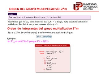 ORDEN DEL GRUPO MULTIPLICATIVO: Z*m
Orden de integrantes del grupo multiplicativo Z*m
Sea a ∈ Z*m. Se define ord(a) al mínimo entero positivo t tal que:
Ejemplo:
 
