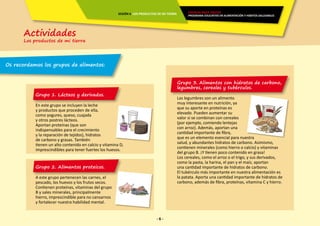 Actividades
Los productos de mi tierra
SESIÓN 6 LOS PRODUCTOS DE MI TIERRA
- 6 -
ENERGÍA PARA CRECER
PROGRAMA EDUCATIVO EN ALIMENTACIÓN Y HÁBITOS SALUDABLES
Grupo 1. Lácteos y derivados.
En este grupo se incluyen la leche
y productos que proceden de ella,
como yogures, queso, cuajada
y otros postres lácteos.
Aportan proteínas (que son
indispensables para el crecimiento
y la reparación de tejidos), hidratos
de carbono y grasas. También
tienen un alto contenido en calcio y vitamina D,
imprescindibles para tener fuertes los huesos.
Grupo 2. Alimentos proteicos.
A este grupo pertenecen las carnes, el
pescado, los huevos y los frutos secos.
Contienen proteínas, vitaminas del grupo
B y sales minerales, principalmente
hierro, imprescindible para no cansarnos
y fortalecer nuestra habilidad mental.
Grupo 3. Alimentos con hidratos de carbono,
legumbres, cereales y tubérculos.
Las legumbres son un alimento
muy interesante en nutrición, ya
que su aporte en proteínas es
elevado. Pueden aumentar su
valor si se combinan con cereales
(por ejemplo, comiendo lentejas
con arroz). Además, aportan una
cantidad importante de fibra,
que es un elemento esencial para nuestra
salud, y abundantes hidratos de carbono. Asimismo,
contienen minerales (como hierro o calcio) y vitaminas
del grupo B. ¡Y tienen poco contenido en grasa!
Los cereales, como el arroz o el trigo, y sus derivados,
como la pasta, la harina, el pan y el maíz, aportan
una cantidad importante de hidratos de carbono.
El tubérculo más importante en nuestra alimentación es
la patata. Aporta una cantidad importante de hidratos de
carbono, además de fibra, proteínas, vitamina C y hierro.
Os recordamos los grupos de alimentos:
 
