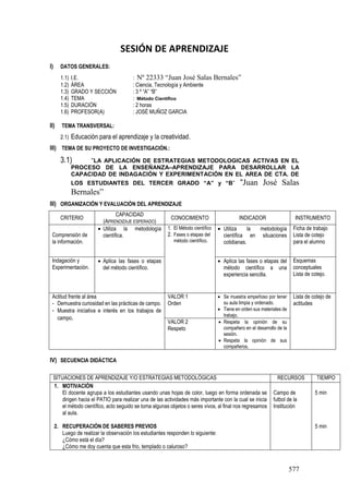 577
SESIÓN DE APRENDIZAJE
I) DATOS GENERALES:
1.1) I.E. : Nº 22333 “Juan José Salas Bernales”
1.2) ÁREA : Ciencia, Tecnología y Ambiente
1.3) GRADO Y SECCIÓN : 3 º “A” “B”
1.4) TEMA : Método Científico
1.5) DURACIÓN : 2 horas
1.6) PROFESOR(A) : JOSÉ MUÑOZ GARCIA
II) TEMA TRANSVERSAL:
2.1) Educación para el aprendizaje y la creatividad.
III) TEMA DE SU PROYECTO DE INVESTIGACIÓN.:
3.1) “LA APLICACIÓN DE ESTRATEGIAS METODOLOGICAS ACTIVAS EN EL
PROCESO DE LA ENSEÑANZA–APRENDIZAJE PARA DESARROLLAR LA
CAPACIDAD DE INDAGACIÓN Y EXPERIMENTACIÓN EN EL AREA DE CTA. DE
LOS ESTUDIANTES DEL TERCER GRADO “A” y “B” “Juan José Salas
Bernales”
III) ORGANIZACIÓN Y EVALUACIÓN DEL APRENDIZAJE
CRITERIO
CAPACIDAD
(APRENDIZAJE ESPERADO)
CONOCIMIENTO INDICADOR INSTRUMENTO
Comprensión de
la información.
 Utiliza la metodología
científica.
1. El Método científico
2. Fases o etapas del
método científico.
 Utiliza la metodología
científica en situaciones
cotidianas.
Ficha de trabajo
Lista de cotejo
para el alumno
Indagación y
Experimentación.
 Aplica las fases o etapas
del método científico.
 Aplica las fases o etapas del
método científico a una
experiencia sencilla.
Esquemas
conceptuales
Lista de cotejo.
Actitud frente al área
- Demuestra curiosidad en las prácticas de campo.
- Muestra iniciativa e interés en los trabajos de
campo.
VALOR 1
Orden
 Se muestra empeñoso por tener
su aula limpia y ordenado.
 Tiene en orden sus materiales de
trabajo.
Lista de cotejo de
actitudes
VALOR 2
Respeto
 Respeta la opinión de su
compañero en el desarrollo de la
sesión.
 Respeta la opinión de sus
compañeros.
IV) SECUENCIA DIDÁCTICA
SITUACIONES DE APRENDIZAJE Y/O ESTRATEGIAS METODOLÓGICAS RECURSOS TIEMPO
1. MOTIVACIÓN
El docente agrupa a los estudiantes usando unas hojas de color, luego en forma ordenada se
dirigen hacia el PATIO para realizar una de las actividades más importante con la cual se inicia
el método científico, acto seguido se toma algunas objetos o seres vivos, al final nos regresamos
al aula.
2. RECUPERACIÓN DE SABERES PREVIOS
Luego de realizar la observación los estudiantes responden lo siguiente:
¿Cómo está el día?
¿Cómo me doy cuenta que esta frio, templado o caluroso?
Campo de
futbol de la
Institución
5 min
5 min
 