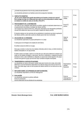578
.
______________________________ ____________________________
Director: Ramiro Montenegro Guerra Prof. JOSÉ MUÑOZ GARCIA
¿A través de qué parte de mi ser me doy cuenta de este fenómeno?
Los estudiantes plantearan sus hipótesis acerca de las preguntas realizadas.
3. CONFLICTO COGNITIVO.
¿Es de mucha utilidad todo aquello descubierto por él hombre a través de la ciencia?
Se le entrega una hoja con viñetas para que cada uno de los educandos lo analice, luego
se realizara un análisis de cada uno de ellos. (Ficha N°1)
4. PROCESAMIENTO DE LA INFORMACIÓN
Con cada uno de lo realizado hasta generar el conflicto cognitivo el estudiante determinara con
el asesoramiento del profesor el concepto del método científico
Con el apoyo de un lectura (Ficha N°2), cada grupo responderá a las interrogantes planteadas,
de esta forma determinar cada uno de los pasos o etapas del método científico
El docente realizara con las opiniones de los estudiantes la importancia que tiene la aplicación
del método científico, sobre todo cuando es utilizado para el bien de la humanidad.
5. APLICACIÓN DE LO APRENDIDO
Los estudiantes organizados en grupos participaran en un juego.
A cada grupo se le entregara cinco tarjetas de color blanco.
El profesor actuara de árbitro en el juego.
Este juego consiste en colocar las cinco tarjetas ordenadas sobre la mesa y el árbitro tendrá las
tarjetas anaranjadas en una caja cerrada.
El árbitro sacara una tarjeta y leerá en voz alta para que cada grupo determine la relación que
existe con las tarjetas entregado a cada grupo, para dar su respuesta un integrante del grupo
levantara la mano y este manifestara su respuesta, en caso de ser errada seguirá el otro grupo,
de esta forma ganara el grupo que acumule mayor cantidad de tarjetas anaranjadas.
6. TRANSFERENCIA A NUEVAS SITUACIONES
Los estudiantes con toda la información recibida hasta este momento de la clase, ahora debe
determinar uno de los fenómenos observados en la visita de campo que se hizo al inicio de la
clase; ahora debe seguir cada uno de los pasos del método científico en los hechos de su vida
cotidiana.
7. REFLEXIÓN SOBRE LOS APRENDIZAJES (METACOGNICIÓN)
Los estudiantes responderán a la ficha de metacognición
8. EVALUACIÓN
Los estudiantes resolverán la práctica calificada.
Ficha de coevaluación
Guía de observación de las actitudes de los estudiantes
Ficha N° 1
Viñetas
Ficha N°2
Lectura
Hojas de
colores
(tarjetas)
Organizadores
visuales
Exposición
Ficha de
metacognición y
autoevaluación
10 min
20 min
20 min
10 min
10 min
10 min
 