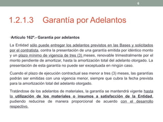 6

1.2.1.3

Garantía por Adelantos

•Artículo 162º.- Garantía por adelantos

La Entidad sólo puede entregar los adelantos previstos en las Bases y solicitados
por el contratista, contra la presentación de una garantía emitida por idéntico monto
y un plazo mínimo de vigencia de tres (3) meses, renovable trimestralmente por el
monto pendiente de amortizar, hasta la amortización total del adelanto otorgado. La
presentación de esta garantía no puede ser exceptuada en ningún caso.
Cuando el plazo de ejecución contractual sea menor a tres (3) meses, las garantías
podrán ser emitidas con una vigencia menor, siempre que cubra la fecha prevista
para la amortización total del adelanto otorgado.
Tratándose de los adelantos de materiales, la garantía se mantendrá vigente hasta
la utilización de los materiales o insumos a satisfacción de la Entidad,
pudiendo reducirse de manera proporcional de acuerdo con el desarrollo
respectivo.

 