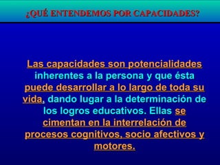 ¿QUÉ ENTENDEMOS POR CAPACIDADES?¿QUÉ ENTENDEMOS POR CAPACIDADES?
Las capacidades son potencialidadesLas capacidades son potencialidades
inherentes a la personainherentes a la persona y que éstay que ésta
puede desarrollar a lo largo de toda supuede desarrollar a lo largo de toda su
vidavida,, dandodando lugar a la determinación delugar a la determinación de
los logros educativos. Ellaslos logros educativos. Ellas sese
cimentan en la interrelación decimentan en la interrelación de
procesos cognitivos, socioprocesos cognitivos, socio afectivosafectivos yy
motores.motores.
Las capacidades son potencialidadesLas capacidades son potencialidades
inherentes a la personainherentes a la persona y que éstay que ésta
puede desarrollar a lo largo de toda supuede desarrollar a lo largo de toda su
vidavida,, dandodando lugar a la determinación delugar a la determinación de
los logros educativos. Ellaslos logros educativos. Ellas sese
cimentan en la interrelación decimentan en la interrelación de
procesos cognitivos, socioprocesos cognitivos, socio afectivosafectivos yy
motores.motores.
 