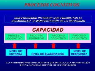 PROCESOS COGNITIVOS
SON PROCESOS INTERNOS QUE POSIBILITAN ELSON PROCESOS INTERNOS QUE POSIBILITAN EL
DESARROLLO O MANIFESTACIÓN DE LA CAPACIDADDESARROLLO O MANIFESTACIÓN DE LA CAPACIDAD
CAPACIDAD
CAPACIDADCAPACIDAD
PROCESO
COGNITIVO
PROCESO
COGNITIVO
PROCESO
COGNITIVO
PROCESO
COGNITIVO
NIVEL DENIVEL DE
ENTRADAENTRADA NIVEL DE ELABORACIÓNNIVEL DE ELABORACIÓN
NIVEL DENIVEL DE
RESPUESTARESPUESTA
LA CANTIDAD DE PROCESOS COGNITVOS QUE INVOLUCRA LA MANIFESTACIÓN
DE UNA CAPACIDAD DEPENDE DE SU COMPLEJIDAD
 